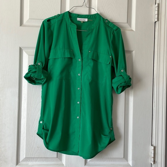 Calvin Klein green button front button up collared st Patrick’s day blouse sz XS - Picture 3 of 17